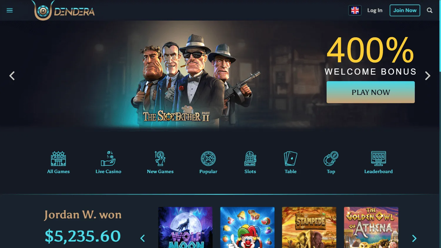 Dendera Casino desktop home with casino games and lobby sections