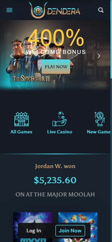 Dendera Casino mobile home available on a smartphone