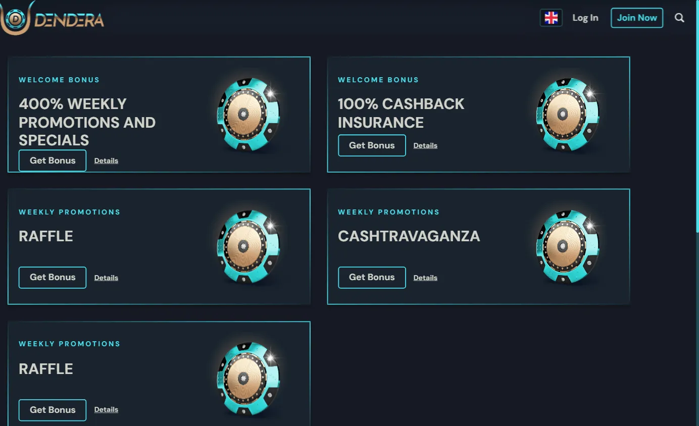 Dendera Casino desktop promotions area with welcome and cashback offers
