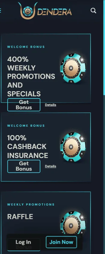 Dendera Casino mobile promotions area with bonus offers